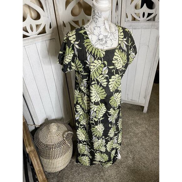 Vintage Reyn Spooner Hawaiian Tropical Leaf Print Long Dress Short Sleeve Large - Picture 1 of 8